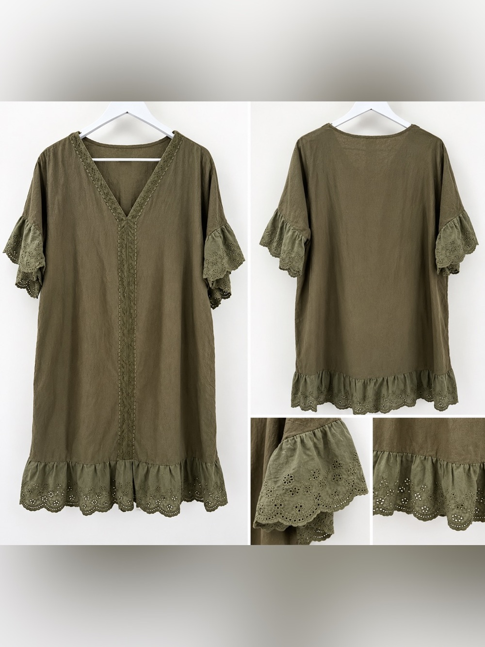 Olive Green Boho Eyelet Ruffle Sleeve Tunic Dress